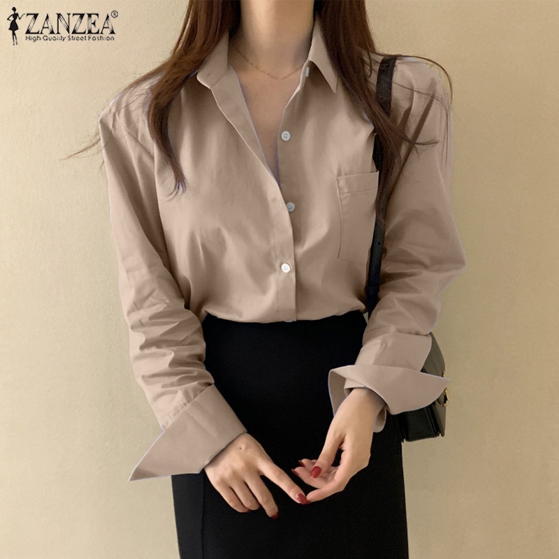 Zanzea Áo Sơ Mi Nữ Dài Tay Cổ Bẻ Thời Trang Đường Phố Hàn Quốc