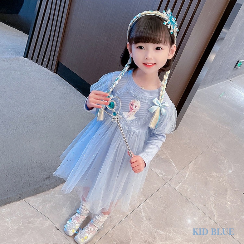 Đầm Công Chúa Elsa Tay Dài Phối Lưới Dễ Thương Xinh Xắn Cho Bé Gái