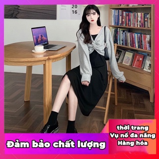 New slimming black suspender dress for plump girls gray knot design sense blouse elegant two-piece set