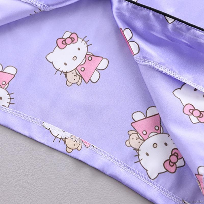 Áo Choàng Ngủ Vải Lụa Satin In Hình Mèo Kitty Đáng Yêu Cho Bé Gái Từ 4-14 Tuổi