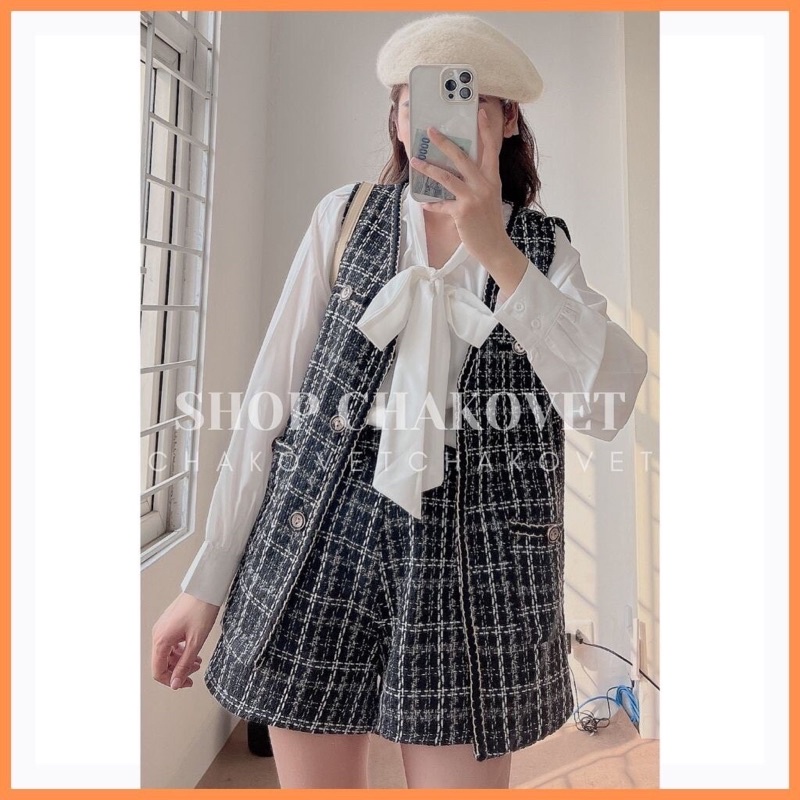 SET DẠ TWEED 3 MÓN ÁO SƠ MI , GILE DẠ MIX QUẦN SHORT SIÊU XINH