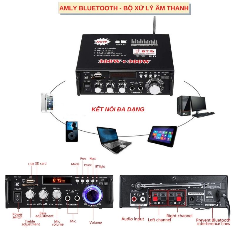 Ampli Mini Ô tô,  Ampli Bluetooth BT-298A Đa Năng, Tự lọc nhiễu tạp âm, Có điều khiển từ xa, Công suất 600W