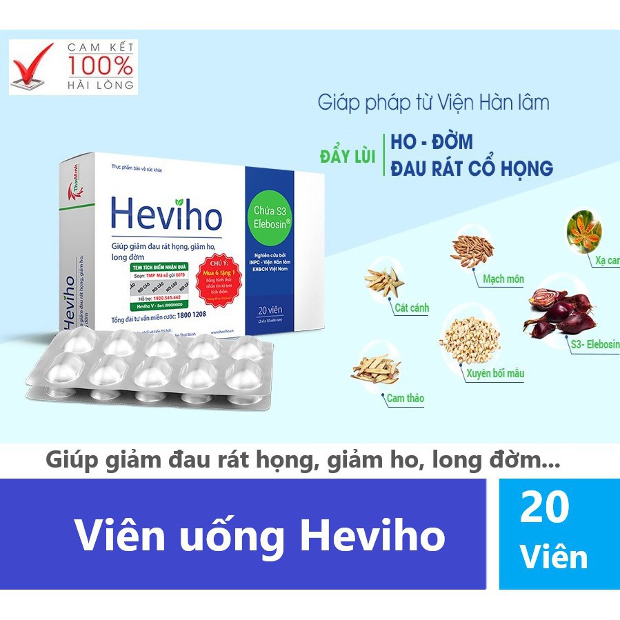 Viên uống Heviho |Heviho - 20 viên |Giúp giảm đau rát họng, giảm ho, long đờm