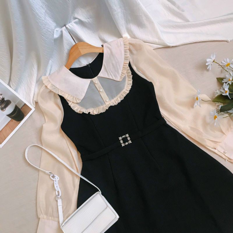 Đầm bố đen tay phối oganza