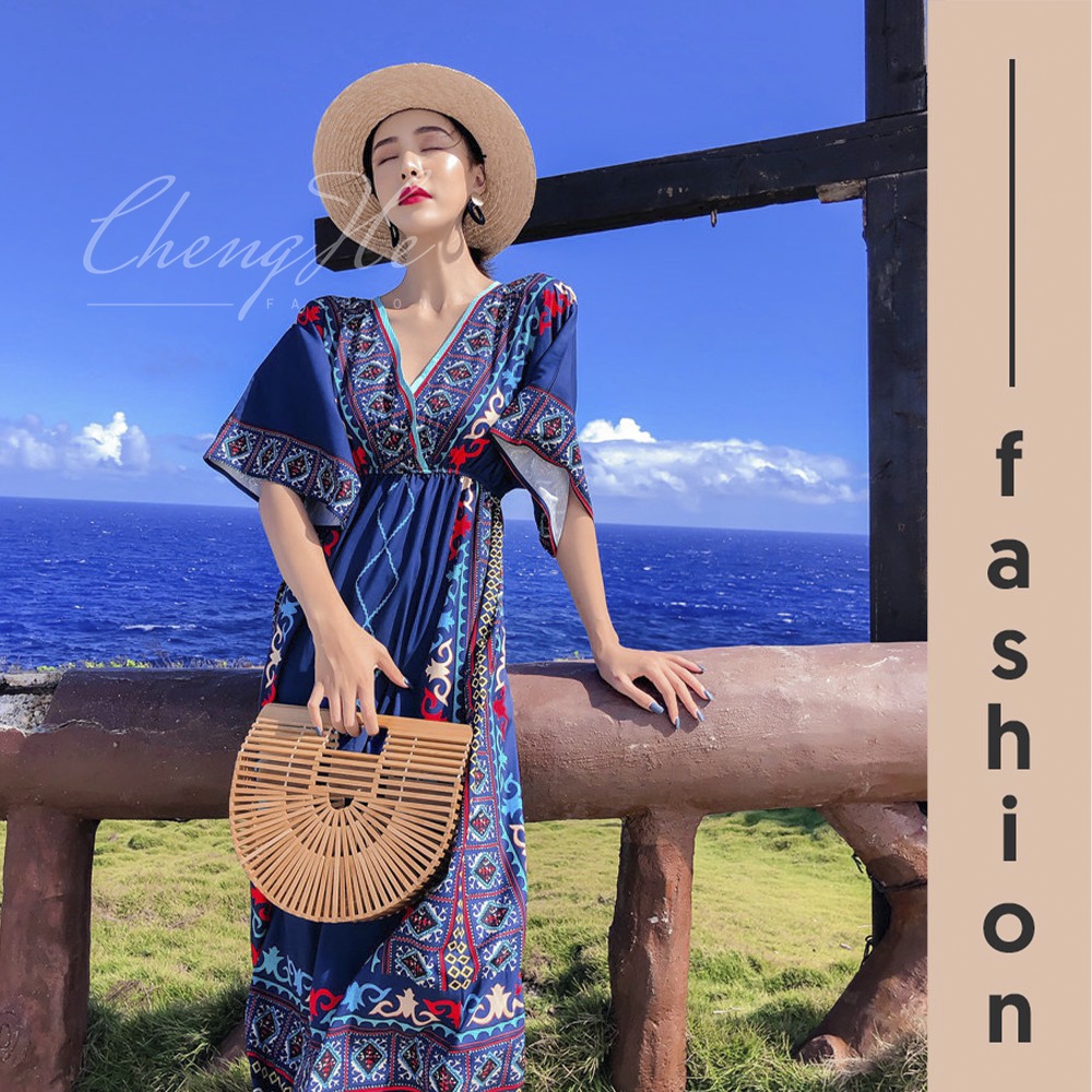 (SẴN) Váy Maxi thổ cẩm Boho đi biển xòe họa tiết hình khối tay lỡ thời trang du lịch hè V00079