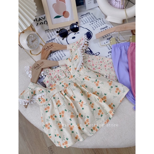 Set áo hoa đũi + quần chun ống cho bé gái