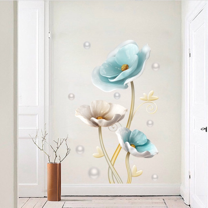 Decal trang trí tường - Hoa hồng xanh và ngọc trai