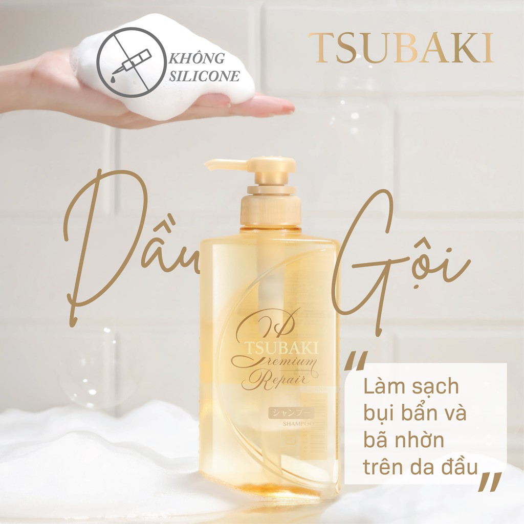 Dầu Gội - Dầu Xả Tsubaki Premium Phục Hồi, Dương Bóng Mượt Tóc và Sạch Gầu 490ml