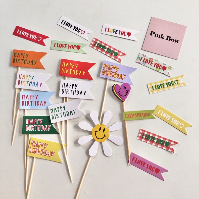 Topper trang trí bánh sinh nhật Happy birthday/Nến/Gấu/Mặt cười/Tim/Sao/Bóng/Kim tuyến