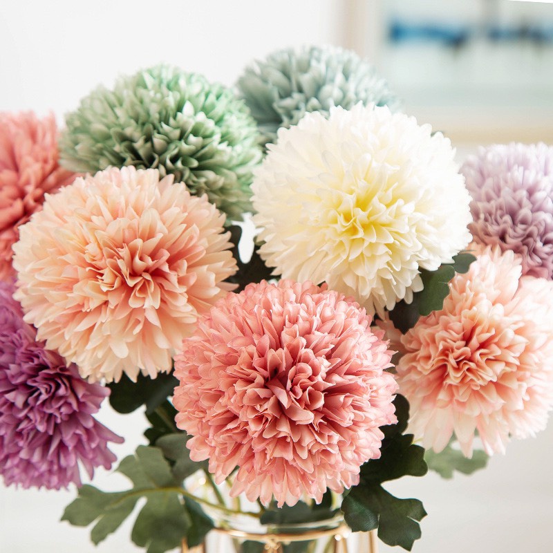 Hoa Bồ Công Anh Vải Lụa SIZE TO cành dài 56 cm cành CÓ LÁ - Hoa Gỉa Cao Cấp, bông cúc ping pong