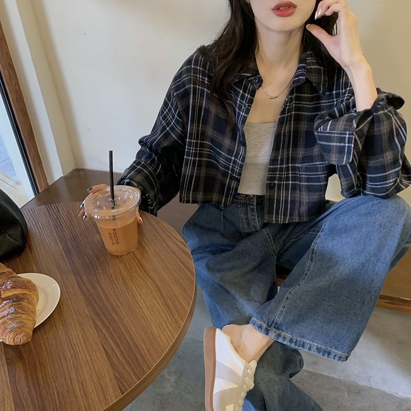 ZHELIHANGFEI Áo sơ mi caro tay dài thời trang cho nữ