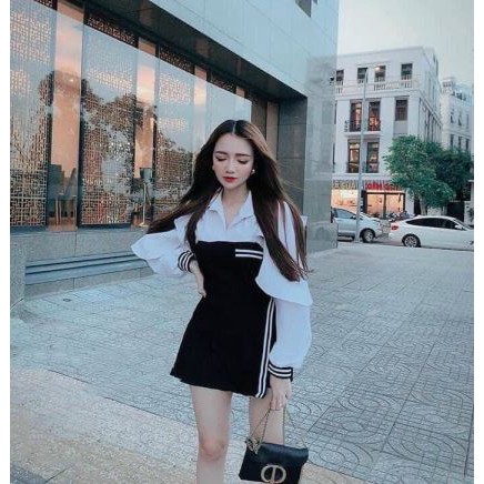 Set Váy đầm Nữ thời trang dạo phố, công sở body, form chuẩn dáng, cổ chữ V, Tay dài phồng sọc, xẻ nách, phối với quần