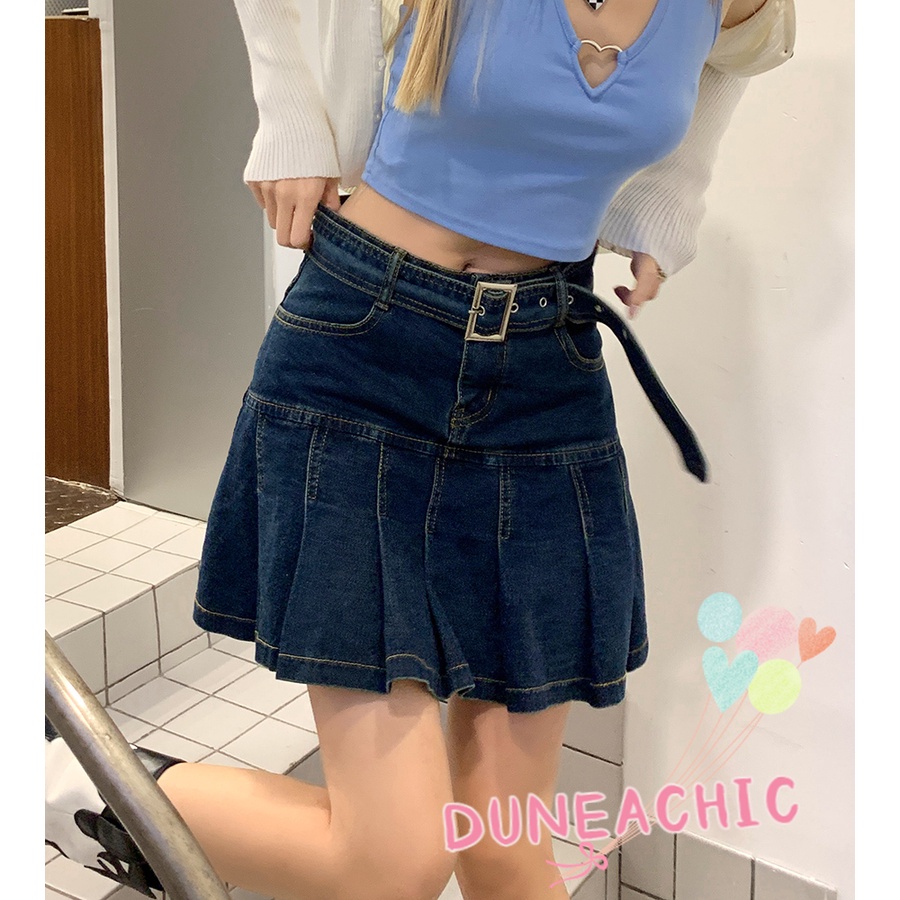 DUNEA Chân váy jean Dáng Chữ A Lưng Cao Xếp Ly Kiểu Retro Gợi Cảm Cho Nữ