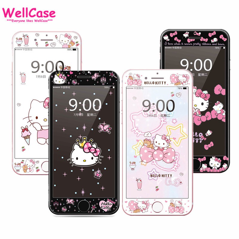 Kính Cường Lực Viền Mềm In Hình Hello Kitty Cho iphone 7 8 8plus 6 6s 6Splus