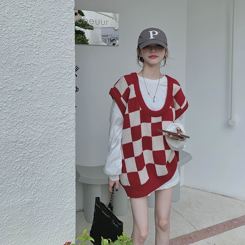 Áo Dệt Kim Sát Nách Cổ Chữ U Dáng Rộng Kẻ Sọc Ca Rô Kiểu Retro | BigBuy360 - bigbuy360.vn