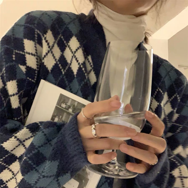 Áo khoác Cardigan dáng rộng dài tay cổ V phối sọc caro màu tương phản thời trang retro Nhật cho nữ