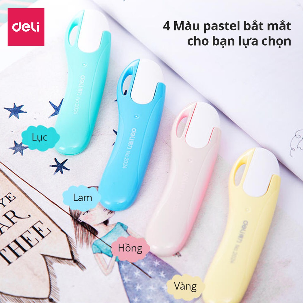 Dao rọc giấy mini 55mm Deli - bỏ túi - 4 màu - Xanh lá/ xanh dương/ hồng/ vàng - 2024