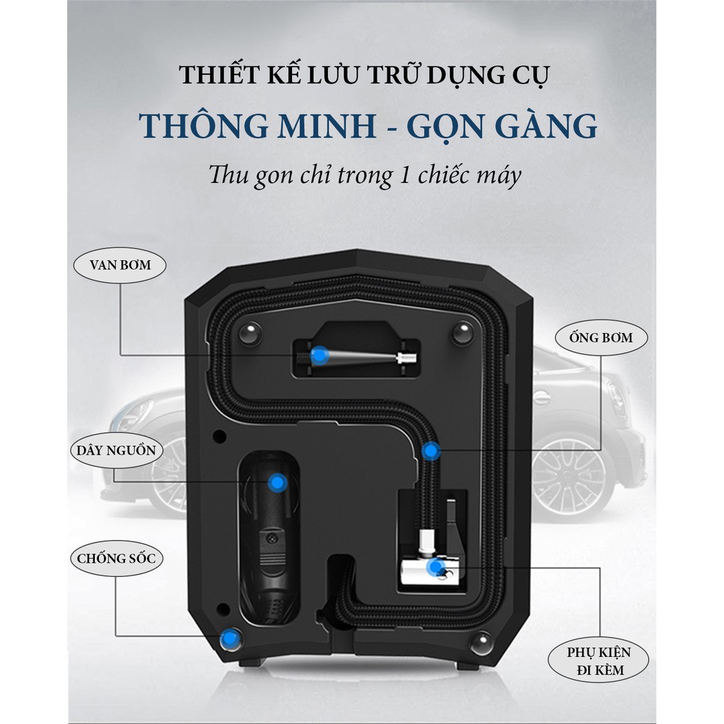 Bơm Lốp Ô Tô - Điện Tử Tự Ngắt Kèm Đèn Pin Siêu Sáng AIKESI Chính Hãng | Bảo Hành 12 Tháng