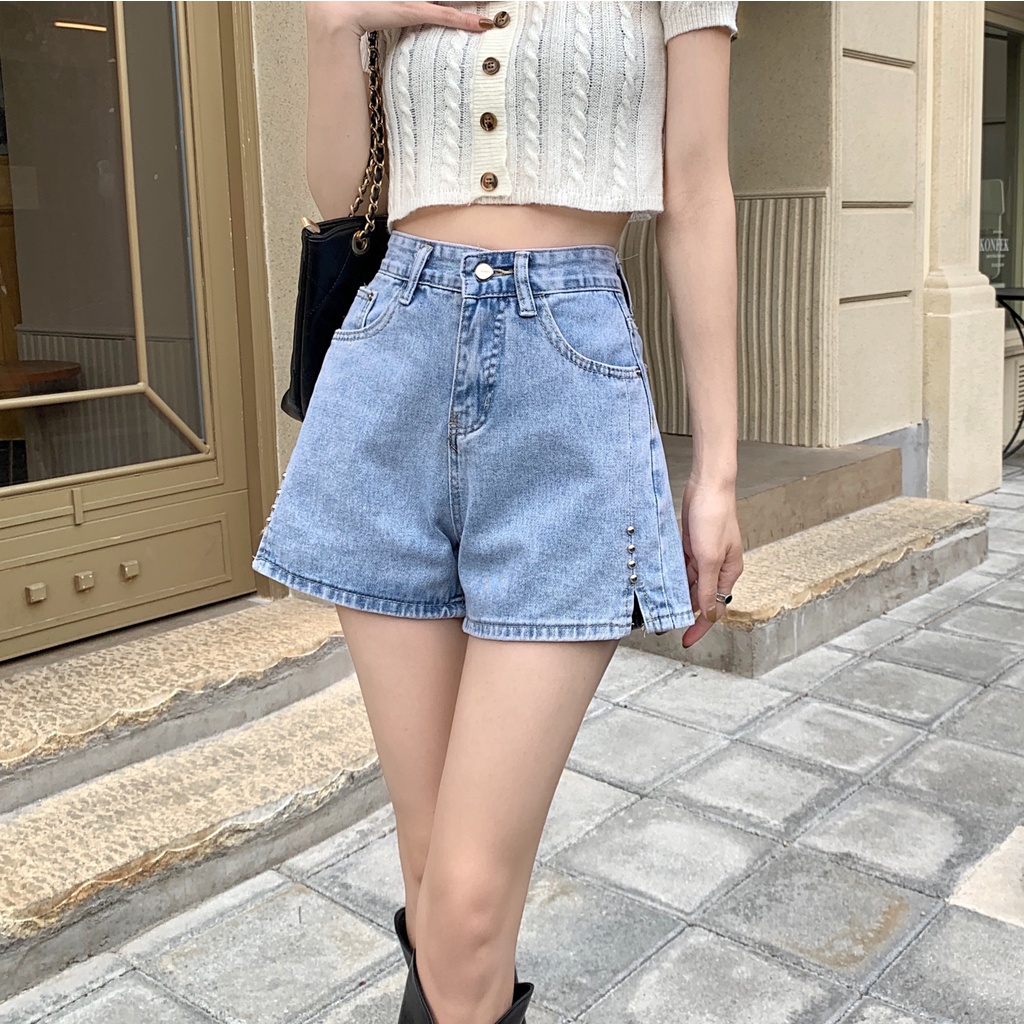 Quần short denim Xiaozhainv lưng cao ống rộng xẻ tà thời trang mùa hè cho nữ