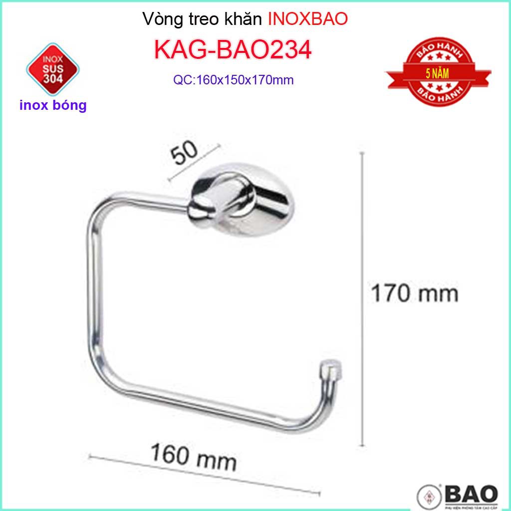 Vòng treo khăn Inox Bảo KAG-BAO234, máng treo khăn khô bồn tắm đứng SUS304 dập khuôn thiết kế tuyệt đẹp tiện dụng