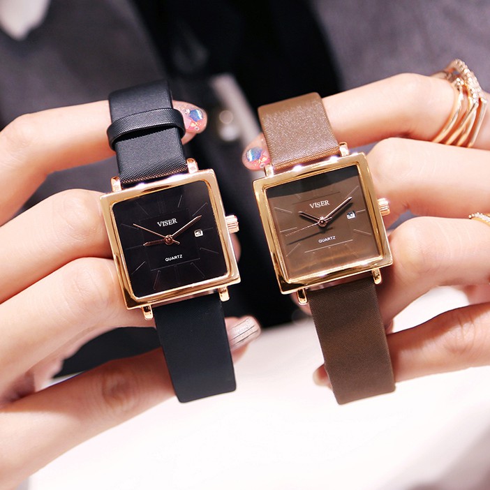 Đồng hồ thời trang nữ VISER dây da, có lịch ngày, mặt vuông tuyệt đẹp