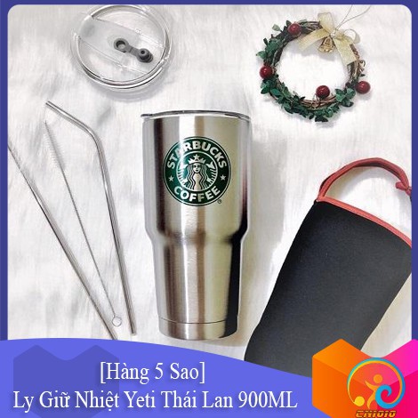 Ly Giữ Nhiệt Yeti Thái Lan 900ml Kèm Túi Xách, 2 Ống Hút Và Cọ Rửa