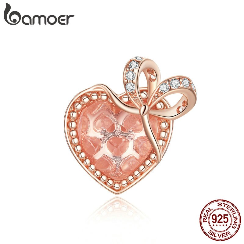 Hạt charm Bamoer BSC398 Bạc 925 hình trái tim đính đá làm phụ kiện trang sức cho nữ