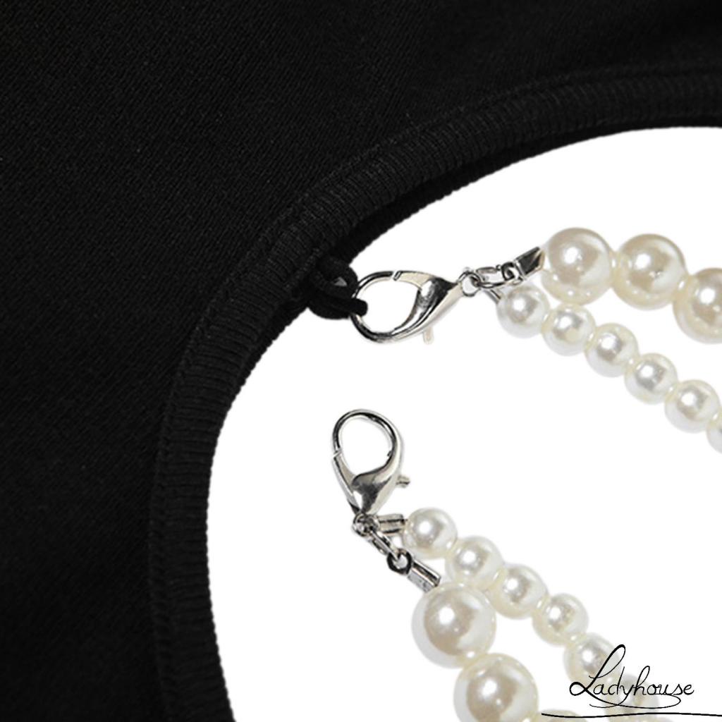 LD-Women’s Casual Short Sleeve Dress Fashion Off-shoulder Pearl Chain Hollow Skinny Short Dress