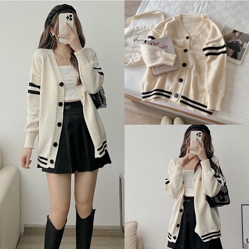 Áo len cardigan tay kẻ ngang dáng dài