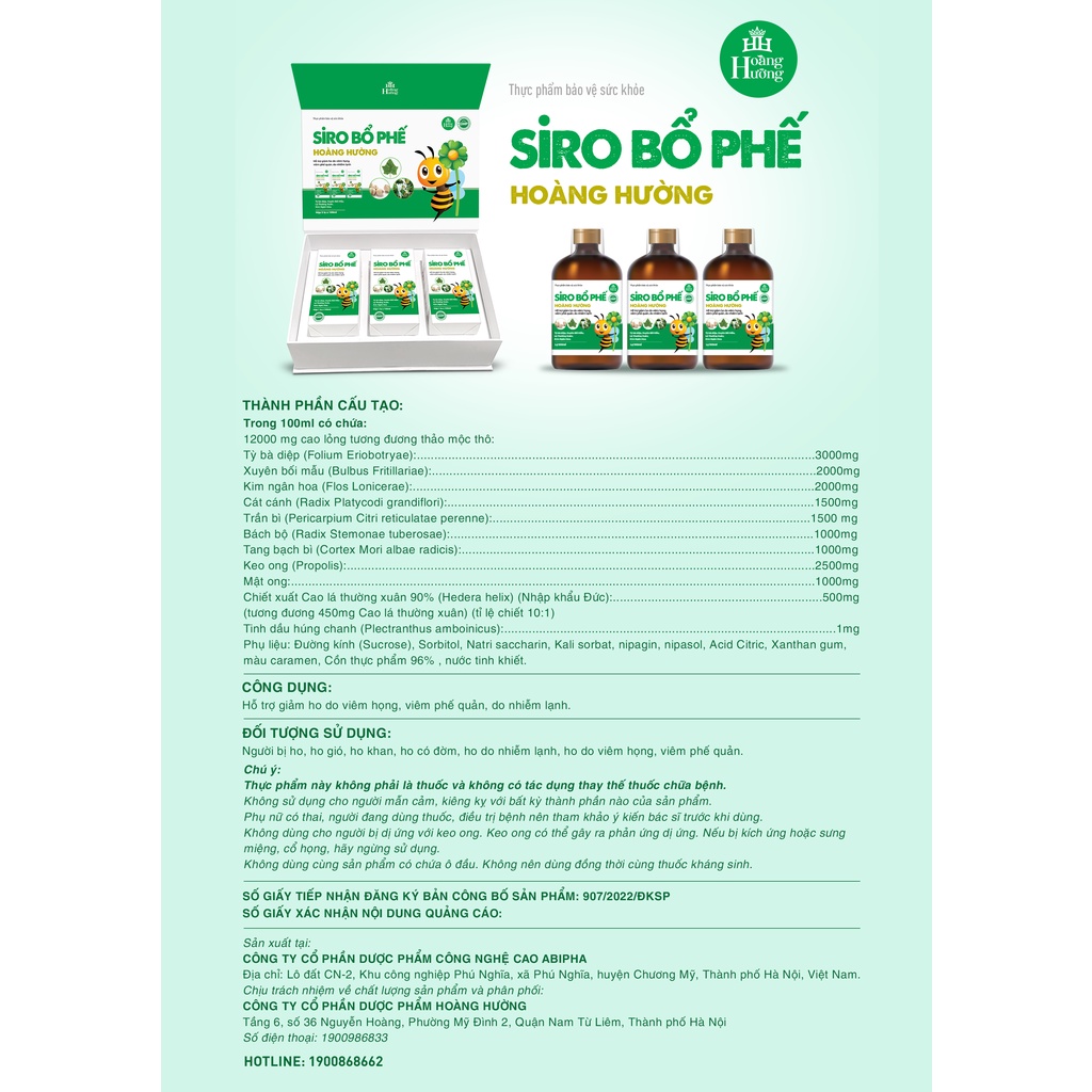 Siro Hoàng Hường 100ml, hỗ trợ bổ phế, trừ ho hóa đờm, giảm viêm họng viêm phế quản do nhiễm lạnh