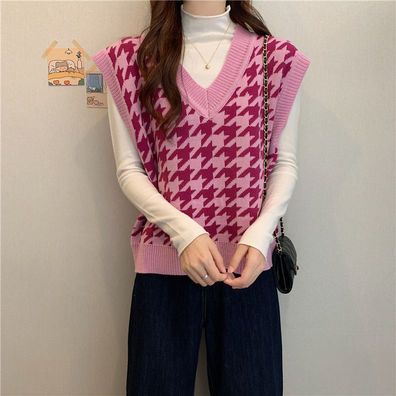 Áo Vest Dệt Kim Cổ Chữ V Màu Sắc Tương Phản Phong Cách Hàn Quốc Thời Trang Cho Nữ