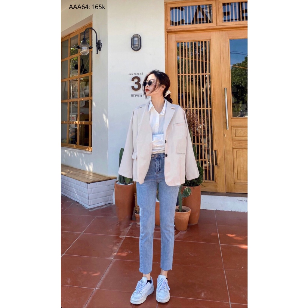Áo khoác vest 2 nút nữ dài tay Hàn Quốc dáng rộng tay dài bigsize túi nắp công sở cá tính thời trang CHIBEST AAA64