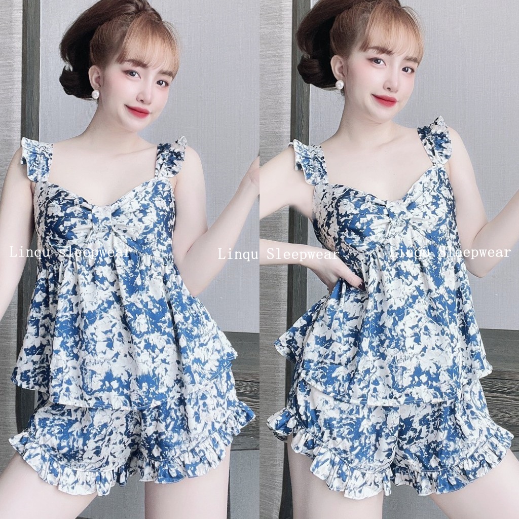 Đồ ngủ sexy 2 dây cánh tiên nhún nơ chất lụa latin mềm mịn, mát mẻ freesize 40-58kg - Linqustore