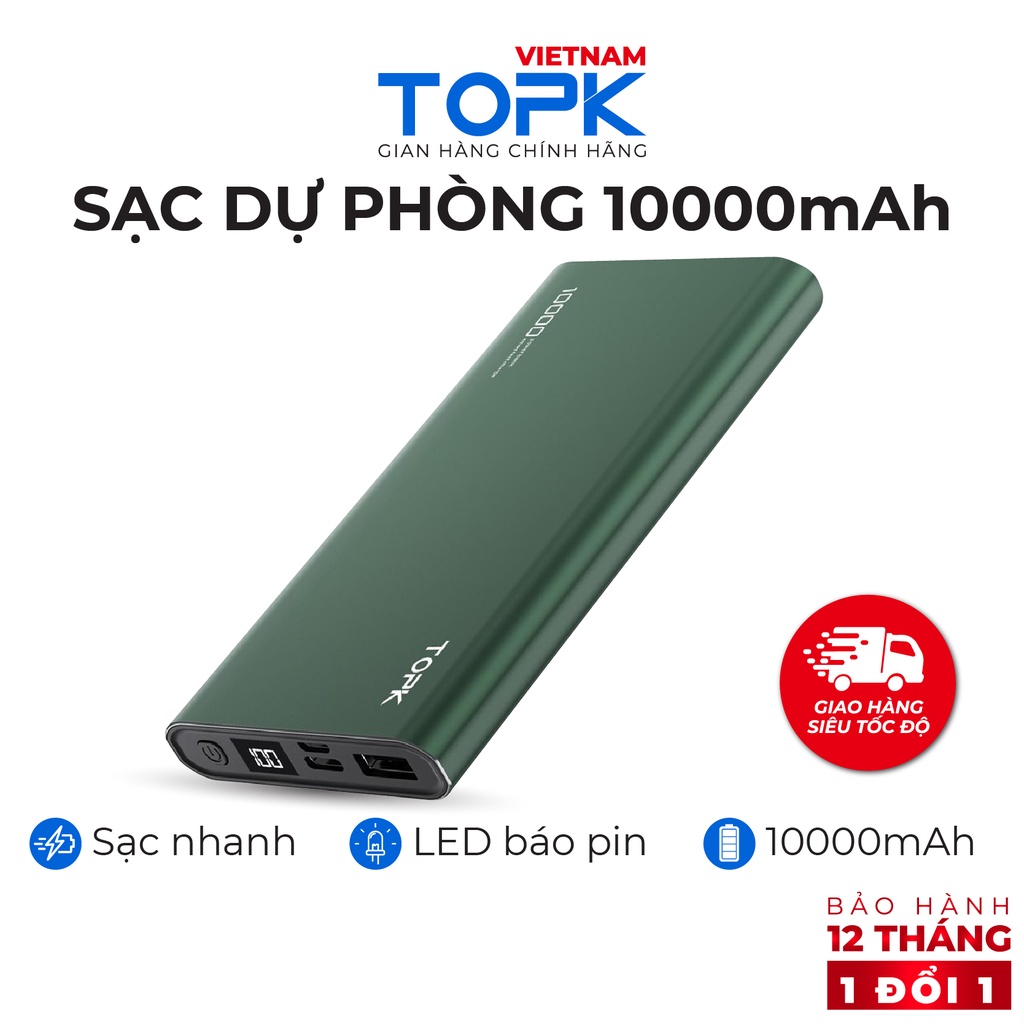 Sạc dự phòng TOPK I1006P 10000mAh - Sạc PD 18W - Màn hình LED - Hàng phân phối chính hãng - Bảo hành 12 tháng 1 đổi 1