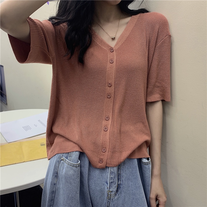 Áo Khoác Cardigan Dệt Kim Mỏng Tay Ngắn Cổ Chữ V Màu Đen Thời Trang Mùa Hè Dành Cho Nữ