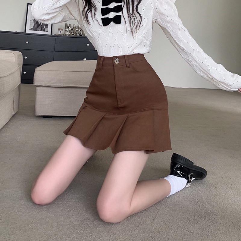 Chân váy SUXI dáng chữ A xếp ly lưng cao phong cách Hàn Quốc thời trang cho nữ