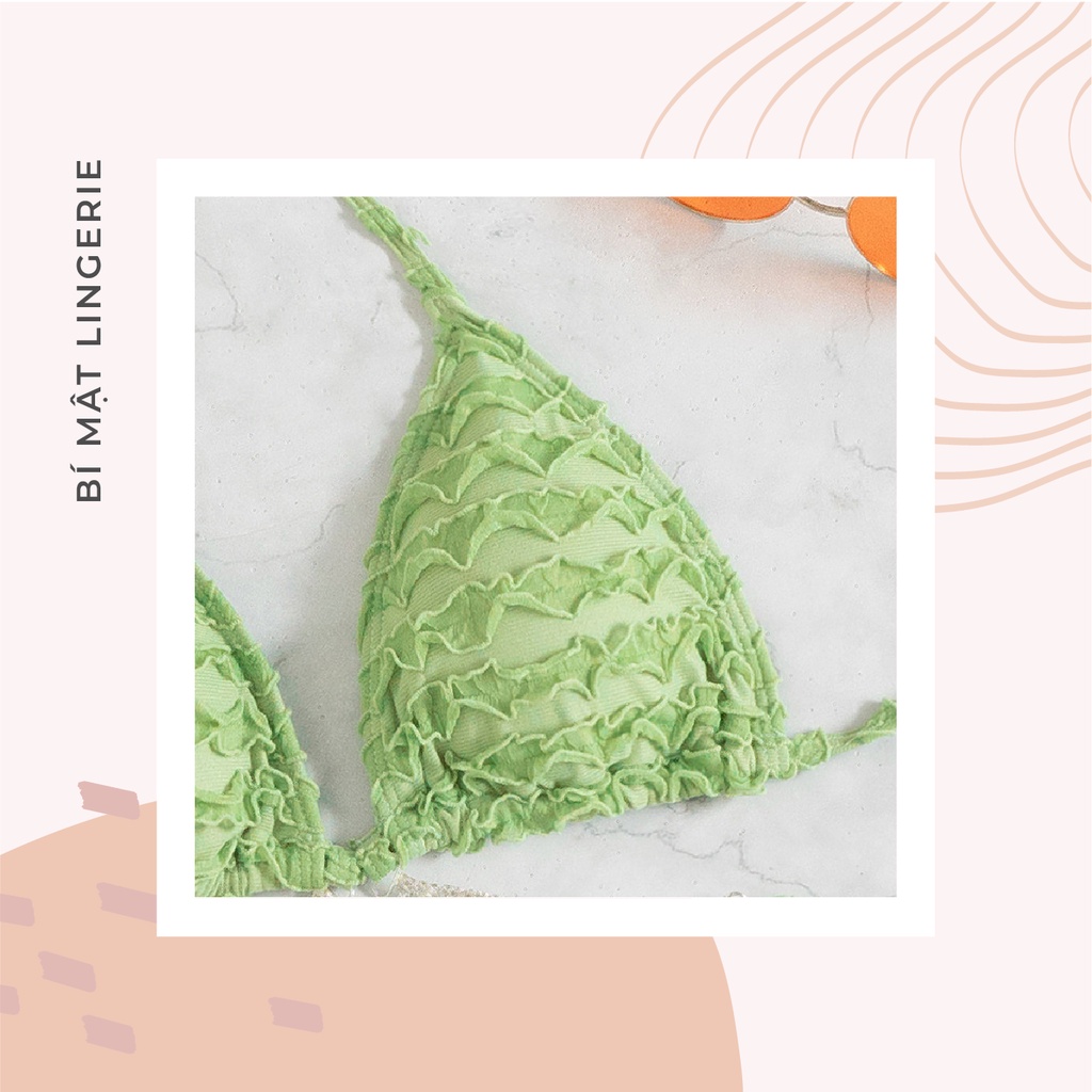 Bikini đồ bơi sexy buộc dây xanh bơ kèm dây đính đá lấp lánh vải nhún tôn da