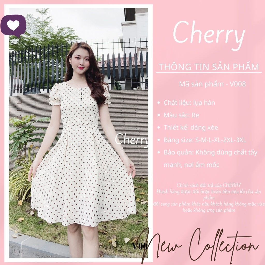 Đầm công sở chấm bi dáng đầm xòe có hai dây thắt eo tôn dáng, váy công sở ôm eo tôn body siêu đẹp - Cherry V004