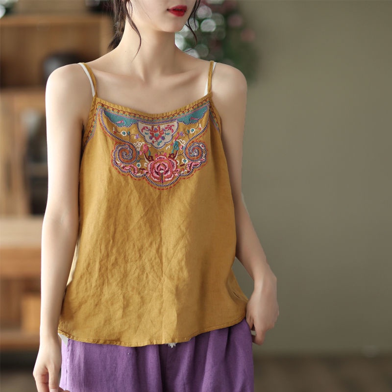 Áo Hai Dây Cotton Lanh Mỏng Thêu Họa Tiết Dân Tộc Phong Cách Retro Mới 2022