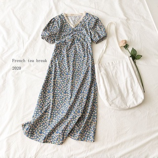 (Ảnh thật)(sẵn) Váy đầm maxi hoa nhí màu xanh cổ V tay phồng dáng dài kiểu dáng dễ thương xinh xắn