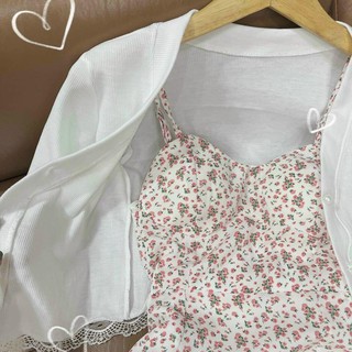 Set áo khoác croptop + đầm 2 dây hoa