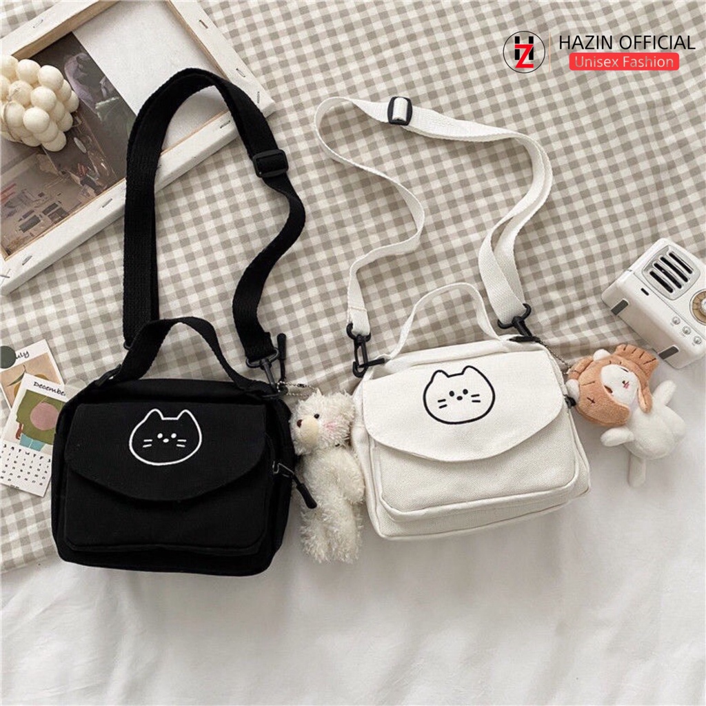 Túi mini đeo chéo Hazin nữ đẹp đi chơi vải canvas hoạ tiết mèo dễ thương phong cách thời trang vừa điện thoại Hzm27