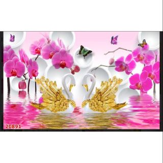 Tranh dán tường 3D phòng ngủ thiên nga có keo sẵn KT 120x80cm