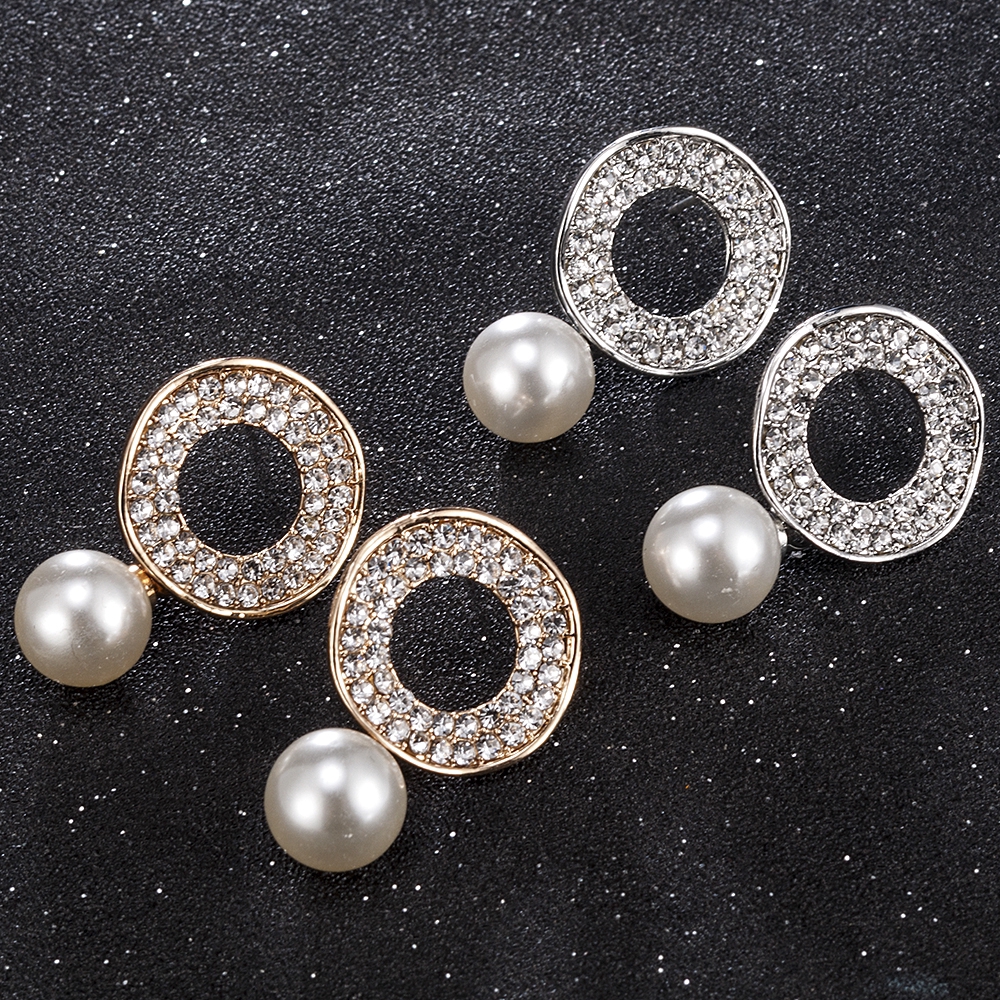 Bông tai dạng xỏ hình tròn đính đá và hạt ngọc trai lớn nhân tạo phong cách Hàn Quốc thanh lịch thời trang