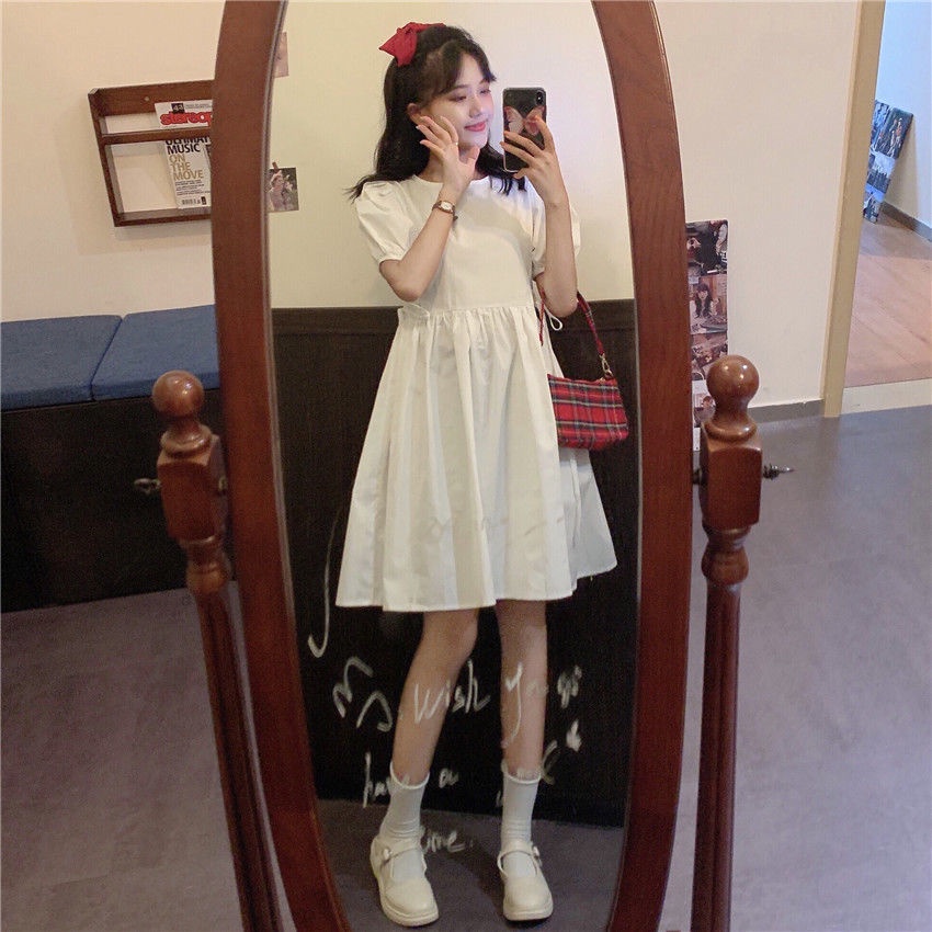 Đầm Chữ A Tay Ngắn Cổ Tròn Màu Trơn Phong Cách Preppy Dễ Thương Thời Trang Mới Cho Nữ