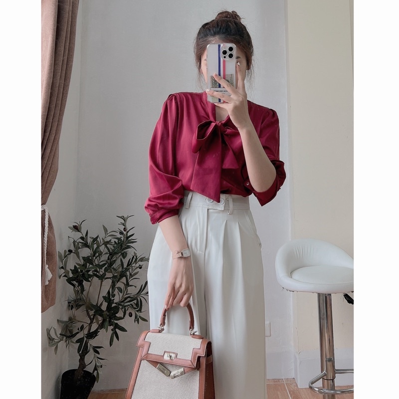 Áo sơ mi thắt nơ dài tay lụa cao cấp