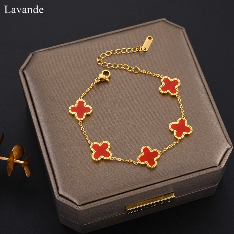 Vòng Tay Thép Titan Không Phai Màu Vàng Hình Cỏ Bốn Lá Đính Hạt Ngọc Trai Phong Cách Âu Mỹ Thời Trang Cho Nữ PX6K