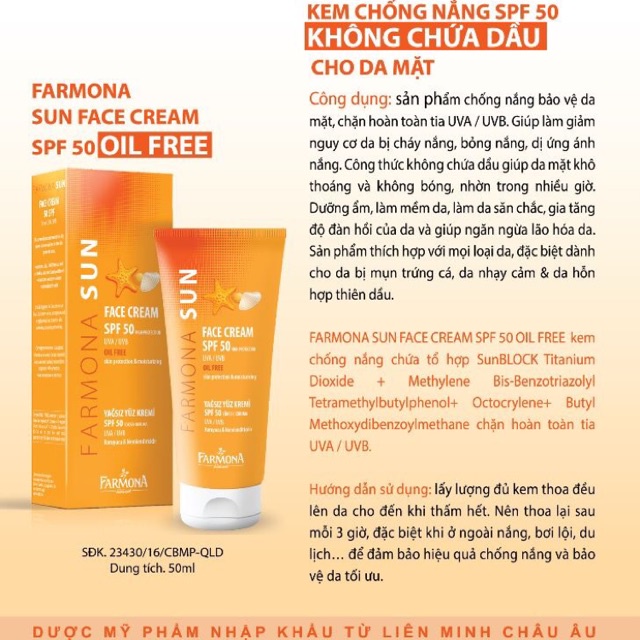 Kem chống nắng Farmona Sun Face Cream Oil Free Spf50 cho da dầu mụn giảm bóng nhờn - Thi Vũ