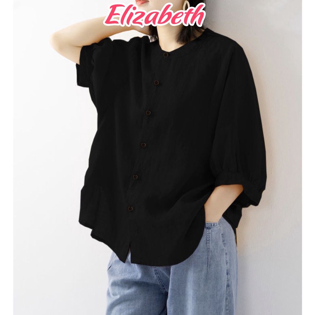 Áo sơ mi nữ cổ tròn tay lỡ form rộng bigsize Elizabeth chất liệu đũi tơ mềm nhẹ mát SMH.34