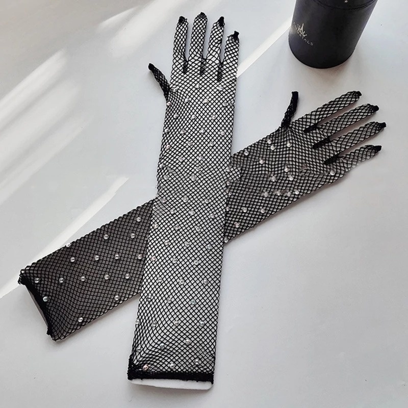 Găng Tay Lưới Dài Đính Đá Lấp Lánh Thời Trang Cho Nữ